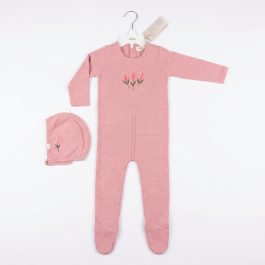 אוברול סריג פרח רקמה לבנדר ורוד