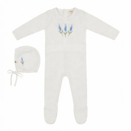 אוברול סריג צבע שמנת פרח רקמה לבנדר תכלת